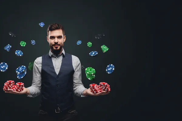 A young woman relaxing with her phone while dynamic casino elements float around her, illustrating the smooth mobile experience offered by the BG44 app.