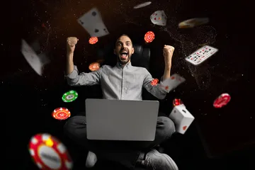 BG44 Slots — Thousands of thrilling machines await A woman smiling by bright slot machines showing lucky symbols, showcasing the exciting slot offerings at BG44.